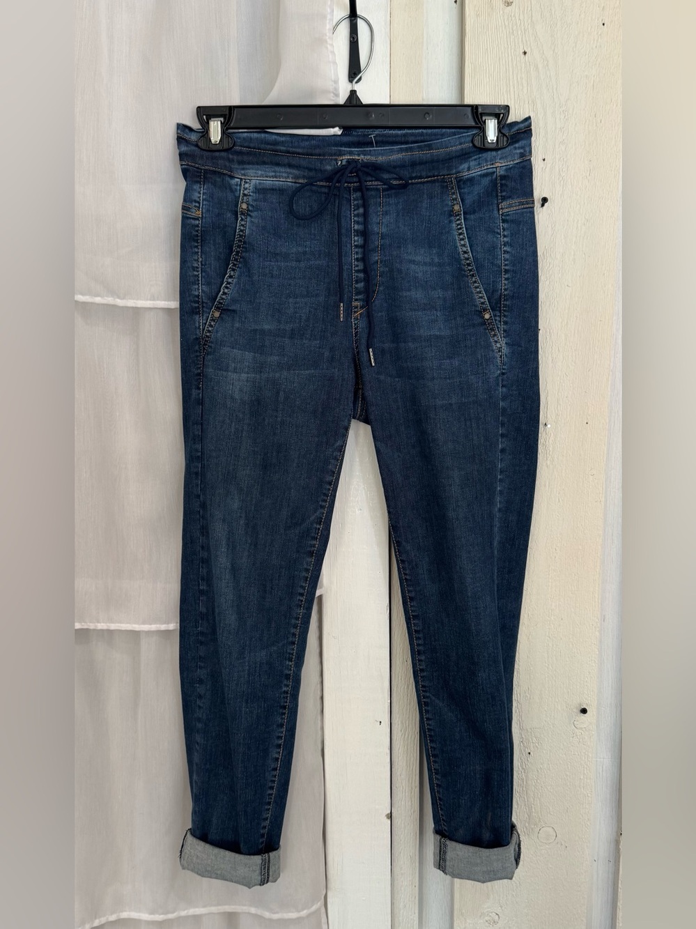Women's Dark Blue Drawstring Denim Jogger Jeans - Alembika